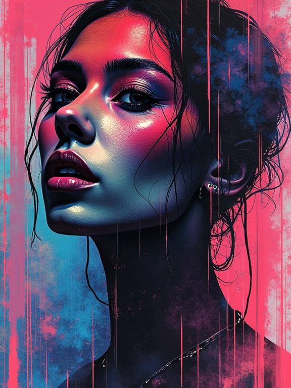 Portrait of a woman with dramatic makeup. Neon lights create a colorful atmosphere. Artistic representation with a vibrant color palette. Facial features are prominent with a dynamic background.