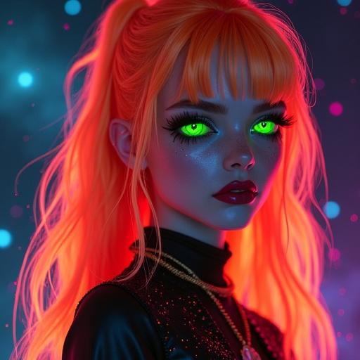 A vampire girl with neon green eyes and neon orange hair stands against a bright colorful background resembling outer space with constellations. The scene features incandescent and fiber optic lighting with ambient effects reminiscent of vaporwave.
