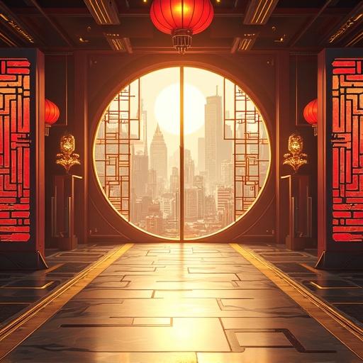 Futuristic martial arts dojo inside Kamakiri Industries building with oversized luxurious design. Noon sunlight filters through a large circular window. View of a city skyline with red cherry blossoms. Main floor features golden lotus prints and modern elements.