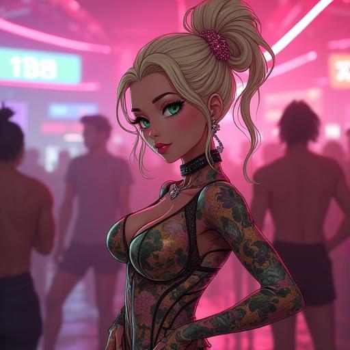 Anime character in a luxurious electric nightclub. Woman aged 59 with emerald green eyes and a beautiful face. Light blonde French bun and light pink diamond jewelry. Futuristic and hi-tech theme. Half Japanese half Saiyan. Muscular build with a stunning nightclub dress. Surrounded by fans dancing.