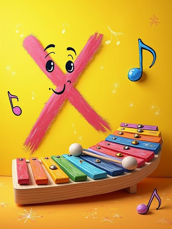 A vibrant musical cartoon illustration features a sunny yellow chalkboard with a bold letter 'X' in rainbow-colored chalk. It shows musical note eyes and tiny mallet hands. A cheerful xylophone with colorful keys and a smiling face is present, with crossed mallets like an 'X'. Floating chalk-drawn music notes, a treble clef, and a wooden chalkboard frame with doodled sound waves add playful details. The style contains bright colors with glossy highlights and a kindergarten band vibe, including floating sparkles and musical shimmer effects.