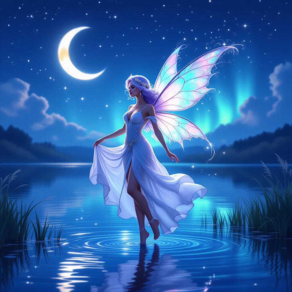 Fantasy scene featuring a fairy dancing over a sparkling lake under a crescent moon and colorful aurora. Iridescent wings and shimmering attire depict an ethereal quality. The setting is tranquil with reflections on the water and fireflies adding to the magic.