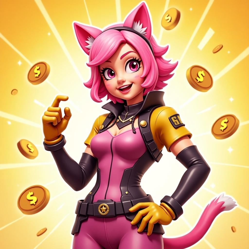 This image showcases a vibrant, animated character inspired by a Fortnite skin. The character has playful pink hair and cat ears, adding a unique twist. Dressed in a stylish, futuristic outfit, the character exudes confidence and charm. Surrounding the character are floating gold coins, hinting at a game’s rewards system. The bright, sunny background enhances the dynamic and exciting feel of the illustration. This design reflects elements beloved by gaming enthusiasts, combining action with a fun aesthetic.