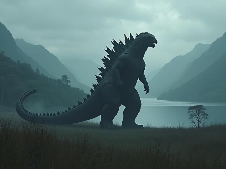 A large dark grey humanoid creature resembling Godzilla walks through a misty landscape. Grass covers the ground with distant hills and mountains visible. A river reflects the cloudy sky. The scene is atmospheric with a focus on shadows, textures, and realism.