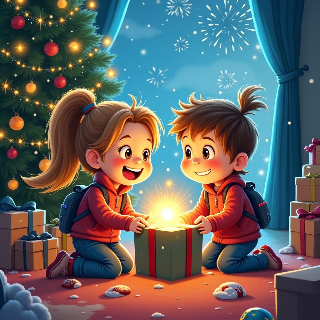 Illustrate two children smiling under a Christmas tree. A magical gift box glows brightly between them. The scene is festive and full of holiday spirit.