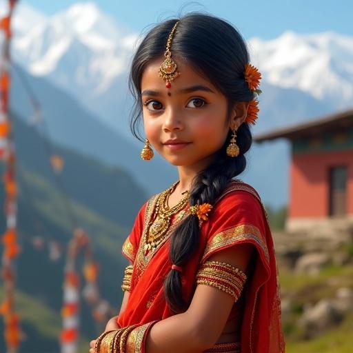 A portrait of a young Nepali girl in a Himalayan village with mountains behind. She wears a red and gold sari and gold jewelry. Her hair is styled in a braid with marigold flowers. She has a bindi on her forehead. The scene includes a Nepali house and terraced fields.