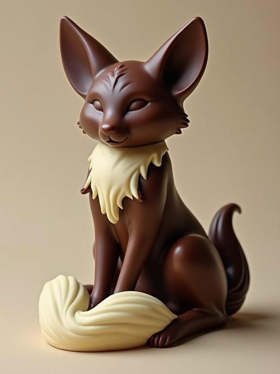 A vixen figure created from dark chocolate, white chocolate and milk chocolate. Professional studio quality photo showcasing the chocolate design elegantly against a neutral background.