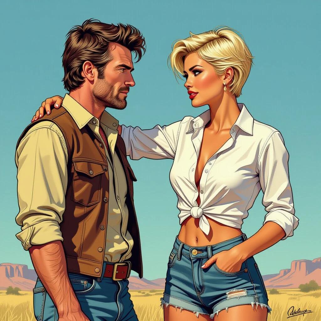 Confident young woman stands facing a young man. She has a white shirt knotted at the waist. Her shorts are faded and ripped. She has tousled short hair styled in a punk fashion. She puts one hand on his shoulder and the other on her hip. In the background, there is an off-road motorcycle. The colors are vibrant and the style is comic-like.