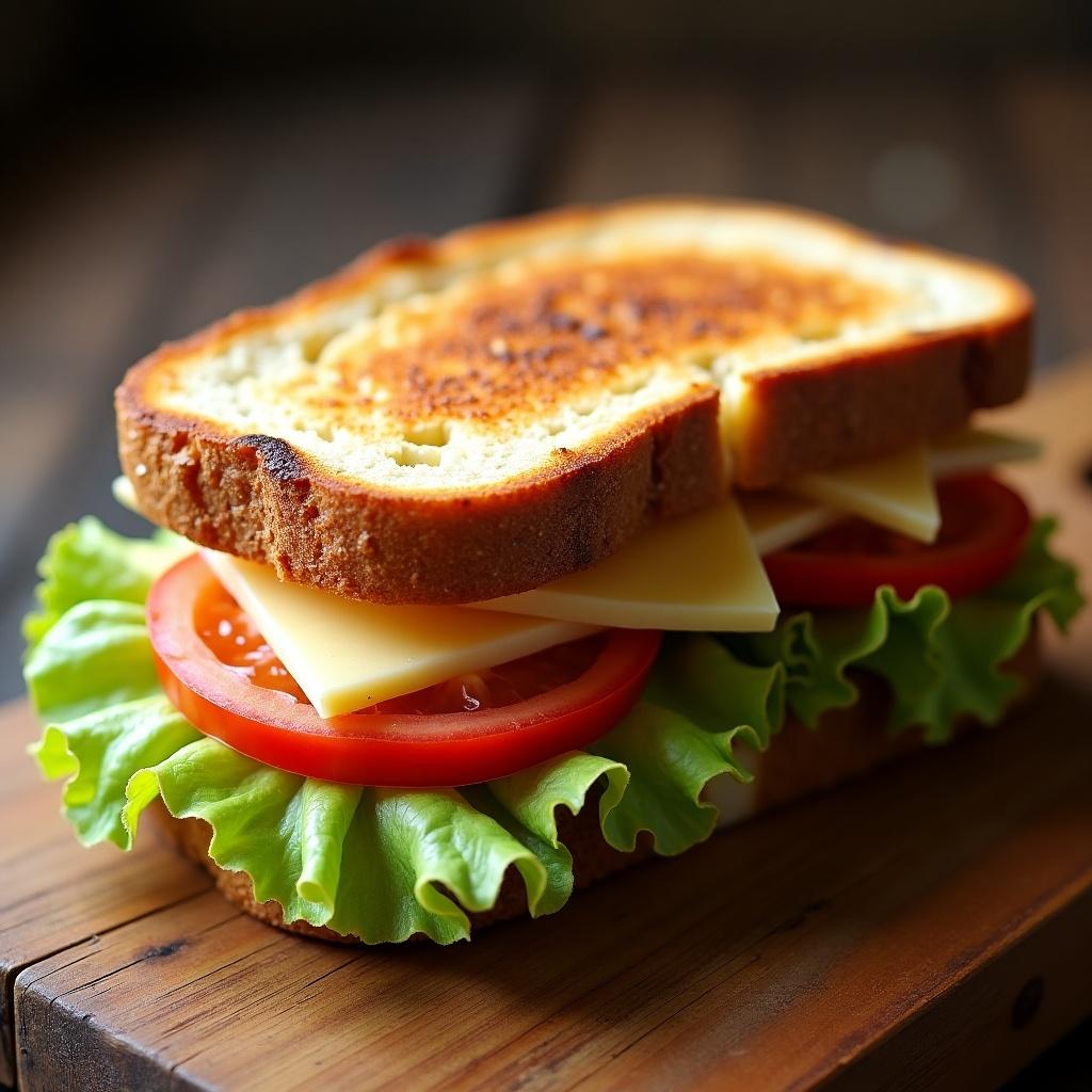 This image features a delicious halloumi and white cheese toast sandwich. The sandwich is layered with fresh iceberg lettuce, slices of ripe tomato, and mild cheese, all between perfectly toasted bread. The use of vibrant colors makes it visually appealing. It sits on a rustic wooden surface, enhancing its homemade feel. This toast sandwich is an example of a gourmet yet simple meal option suitable for lunch or a snack.