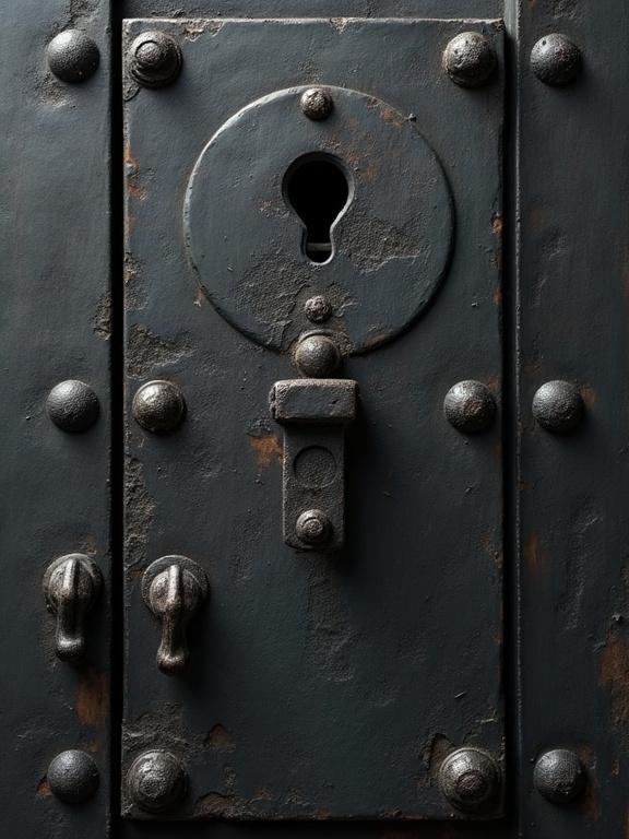 Close-up view of a blackened steel door featuring a prominent skeleton keyhole and various metallic details.