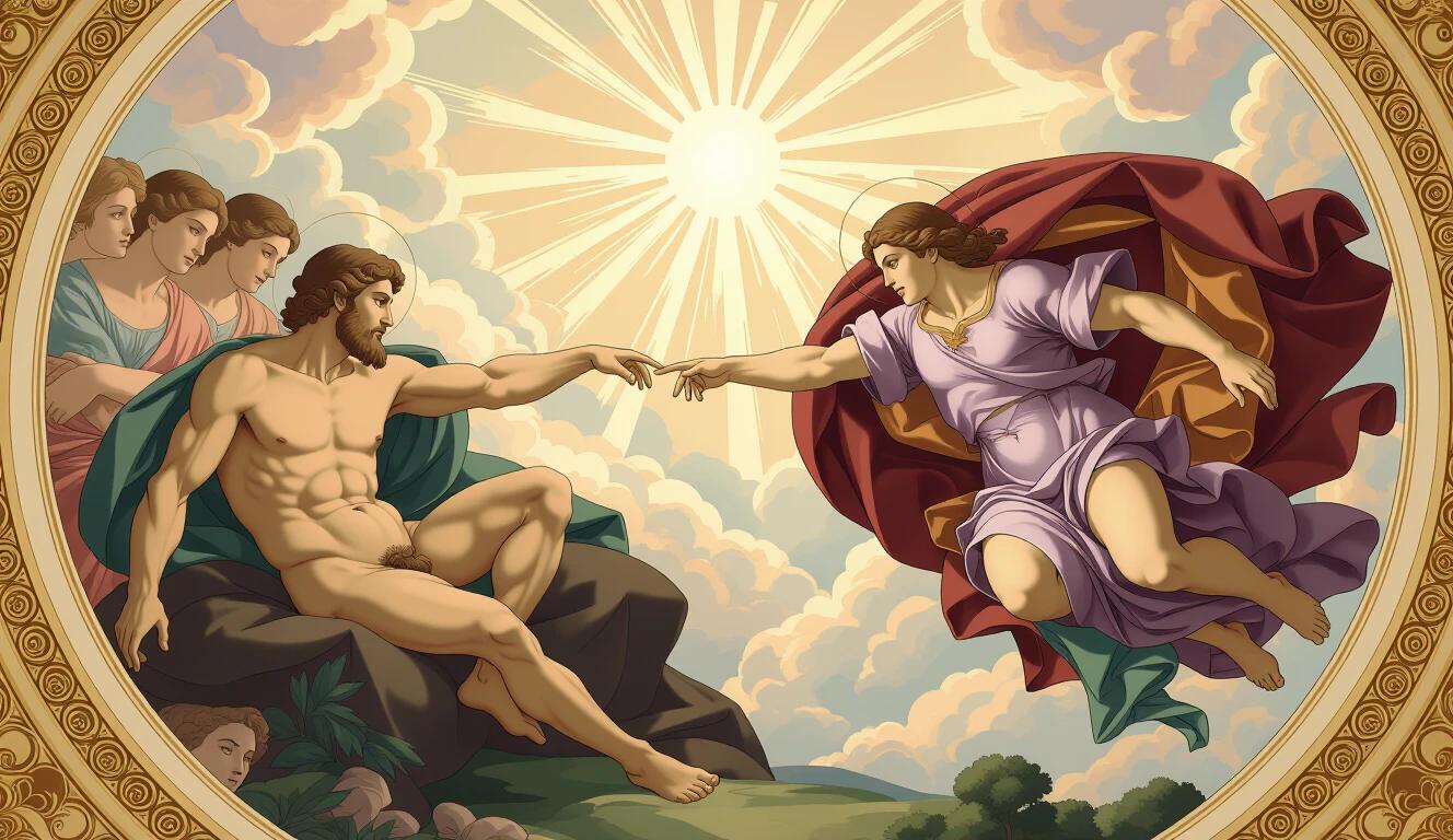 Anime reinterpretation of Michelangelo's Creation of Adam. Full composition includes original elements. God with entourage in flowing mantle. Adam reclines on earth. Hands reaching but subtly pulling away. Intricate drapery and elegant anime proportions. Soft textures inspired by Renaissance frescoes. Warm muted color palette with gentle shading. Detailed clouds and landscape in background. Expressive yet serene faces conveying quiet rejection. Balance between classical detail and anime aesthetics. Ultra high resolution.