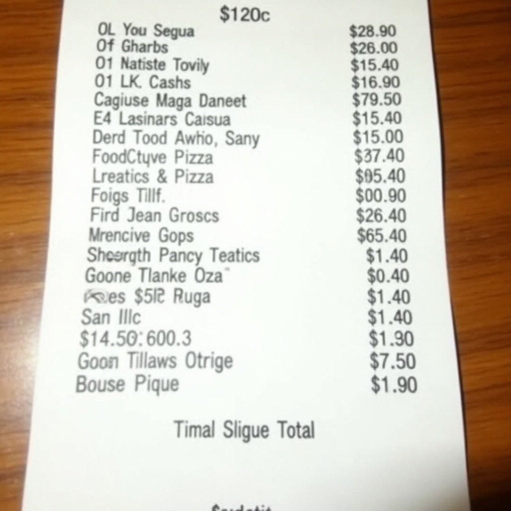 Receipt from Little Caesar's restaurant in Springfield, IL shows a total cost of 120 dollars paid in cash. The receipt has a list of various purchased items with individual prices. Printed on thermal paper commonly used by fast food chains. It details the items ordered and their corresponding costs at location on Grand River Ave.