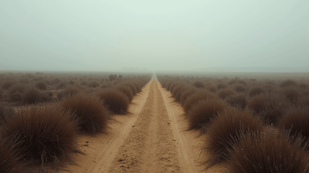 A straight, sandy path flanked by dense brown shrubs leading into a misty horizon.