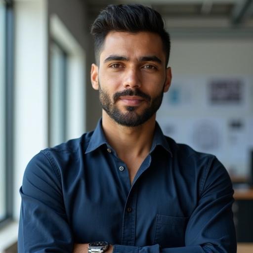 Portrait of a Hispanic male engineer in a modern urban setting. Short dark hair, well-groomed beard, warm brown eyes. Focused yet approachable expression, slight smile. Soft natural lighting from left, casting gentle shadows. Wears fitted navy blue shirt with rolled sleeves, silver watch on wrist. Background with blueprints and engineering tools, blurred to emphasize the subject. Shallow depth of field for intimacy. Realistic style, contemporary portrait photography, 50mm lens.