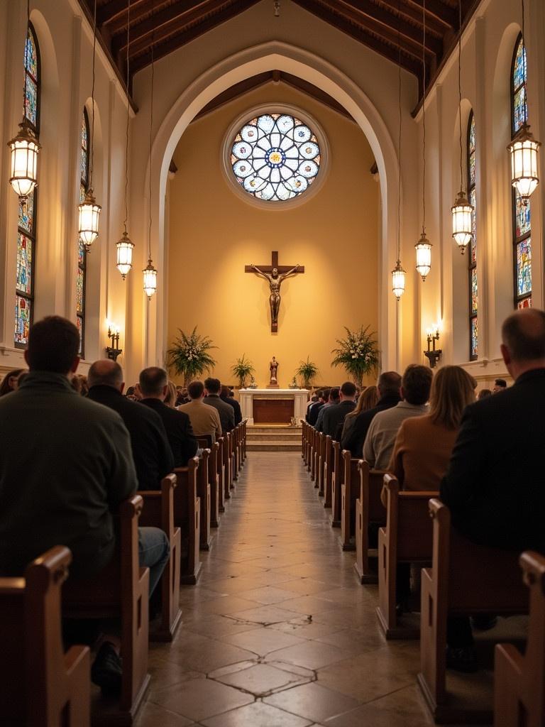 A chapel interior during a worship service. Rows of wooden pews filled with worshippers. Light streaming through stained glass windows. An altar featuring a crucifix at the front.