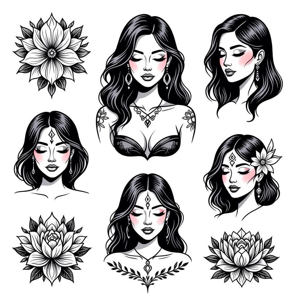 Flash tattoo sheet featuring various exotic female figures with thick black and white line work. Includes multiple stylized representations of women and floral elements. Focus on emotional and sexy themes. Minimalist approach with artistic designs.