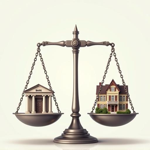 Digital illustration of an unbalanced scale with chains. Left pan has a modern bank building labeled BANK. Right pan has a large Victorian-style house, double the size of the bank. Clean and modern style with metallic textures. Minimalist background with soft gradients.