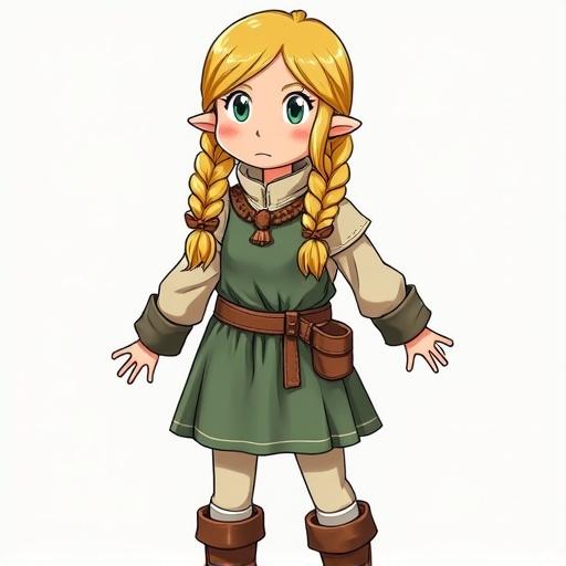 Costume inspired by Dragon Quest. Female character with blond braids. Full body depiction in an anime style.