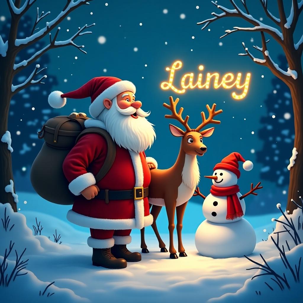 Image shows Father Christmas with a reindeer and snowman in a snowy woodland. Magical night scene with the name 'Lainey' illuminated in lights. Christmas joy is evident.