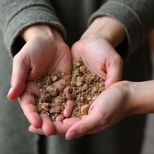 Hands holding a mixture of soil and small rocks. Soft natural light highlighting textures. Earthy colors create a warm vibe. Close-up perspective shows details.
