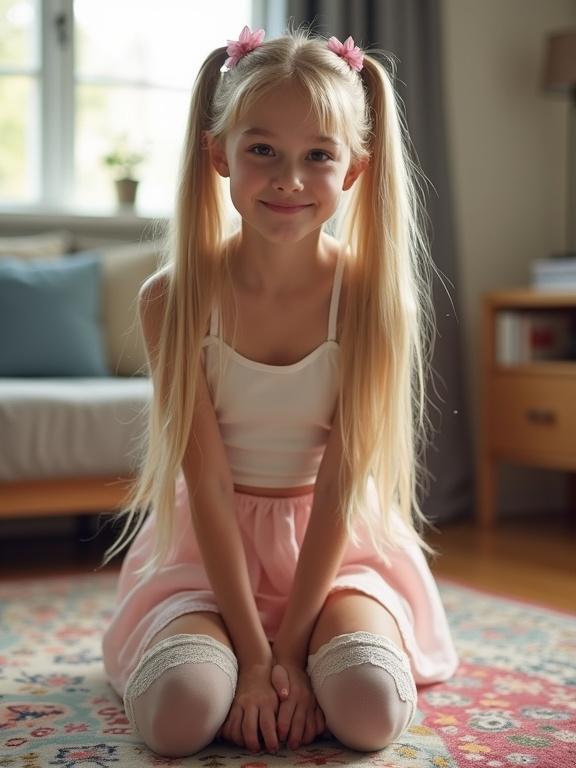 A young girl with long blonde hair styled in twin tails wearing pink hairpins. She kneels on a vibrant rug in a softly lit living room. The outfit consists of a short white crop top and a pale pink skirt, paired with thigh-high socks featuring lace details and simple black shoes. The girl has a beautiful face and a flirty smile while showing off her slim waist.