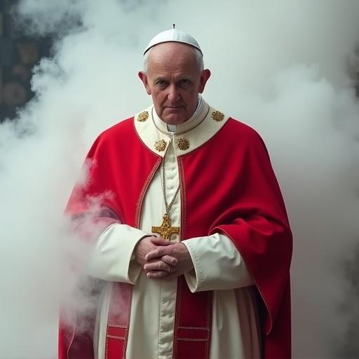Image of the Pope in red and white garments surrounded by white smoke. The background features a mystical atmosphere. The Pope calmly stands with hands joined together. The clothing is richly adorned. Smoke creates a dramatic effect around the figure.