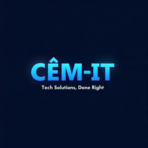 Design a logo for the company named 'CÊM-IT'. Use a bold font style with electric blue color. Include the slogan 'Tech Solutions, Done Right' below the company name.