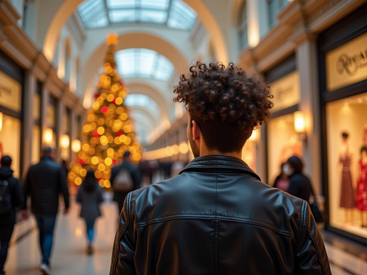 The image features a bustling indoor shopping mall decorated for the holidays. In the foreground, a stylishly dressed individual with a curly hairstyle is seen from the back, wearing a sleek black leather jacket. The mall is illuminated by warm lights, with a large, beautifully decorated Christmas tree in the background, glowing with shimmering gold and red ornaments. The atmosphere is festive, filled with shoppers wandering through the aisles, some pausing to admire the decorations. The architecture of the mall includes large arched windows that allow natural light to flood in, highlighting the warmth of the holiday spirit. Elegant storefronts line the sides, showcasing enticing displays that attract customers.