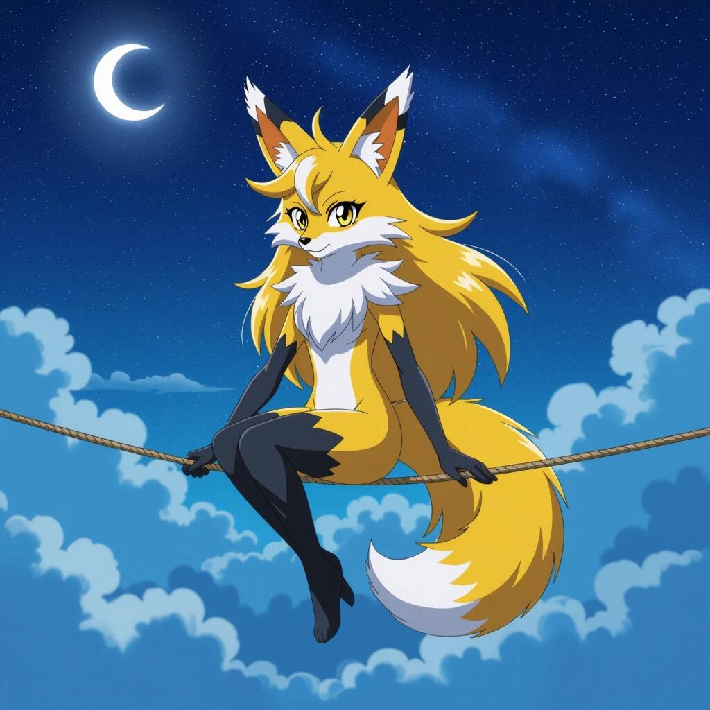 A humanoid fox-like creature with golden-yellow fur sits on a tightrope. The creature has large pointed ears and a fluffy tail. It has a calm expression. A starry night sky is in the background. Soft clouds drift below. The scene is illuminated by moonlight. The image shows vibrant colors and high detail.