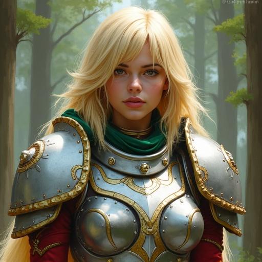 Fantasy character in ornate energy armor from Warhammer 40,000 universe. She has platinum blonde hair, serious expression, wearing silver armor with gold details, green epaulette, red collar, and visible red patterned fabric. Blurred forest background. Realistic digital painting style.