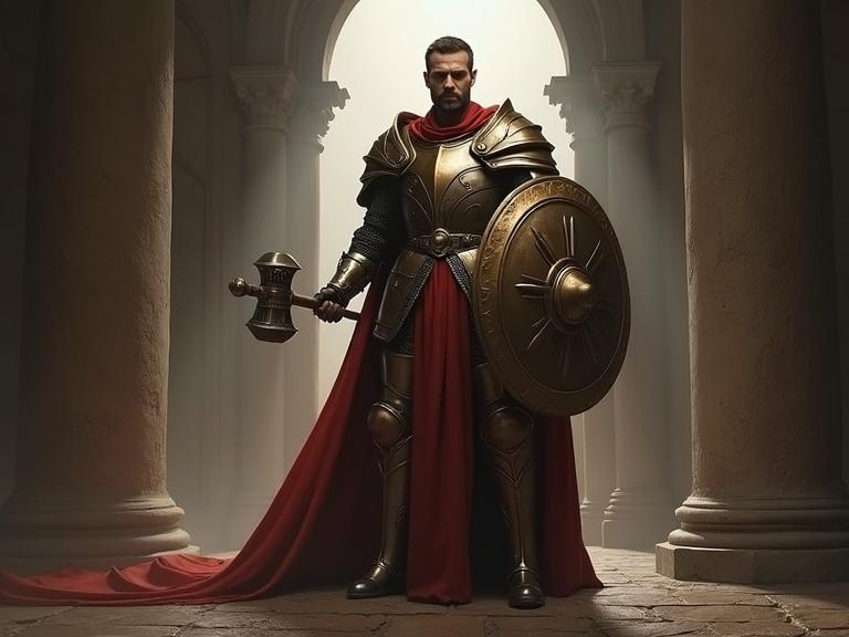 Hyper-detailed depiction of a cleric in shining armor. Cleric stands in ancient temple. Powerful hammer in one hand. Formidable shield in the other. Dramatic chiaroscuro lighting. Every armor surface rendered with fidelity.