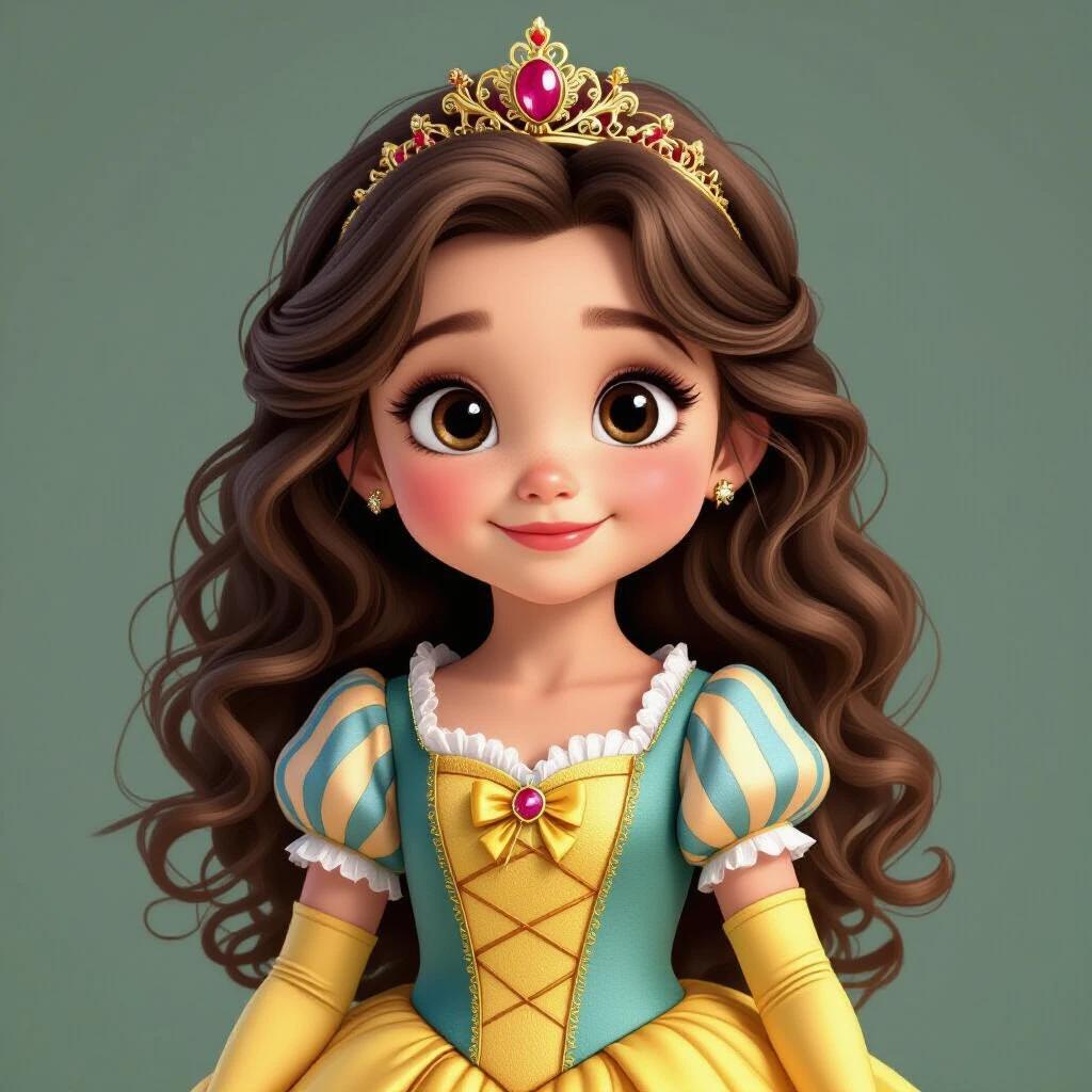 A two year old girl with brown hair and eyes wearing a Disney Pixar style princess costume. The outfit features a blue and yellow dress with a decorative crown and earrings. The image captures the character's whimsical and playful essence.