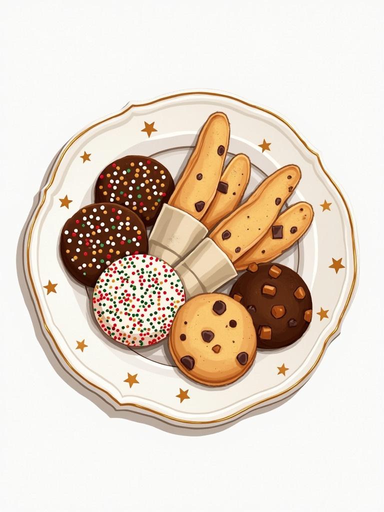 A decorative white plate features gold stars. The plate holds a variety of holiday treats including sprinkle-covered sugar cookies, cheese sticks, neapolitan shortbread, caramels wrapped in parchment, and chocolate chunk shortbread. The design mimics an illustration style.