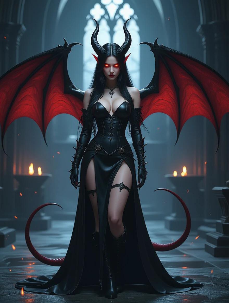 A succubus stands confidently in a gothic cathedral. Her long black hair flows elegantly. Sharp horns curve from her forehead. She wears a revealing black leather outfit adorned with demonic runes. Bat-like wings spread wide behind her. A long pointed tail curls around her leg. Her skin is pale and flawless. A faint magical glow surrounds her. Mist swirls at her feet with faint embers drifting through the air. The atmosphere is dark and fantasy-driven.