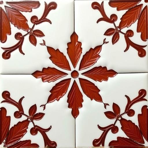 A mosaic of white tiles surrounded by reddish floral motifs.