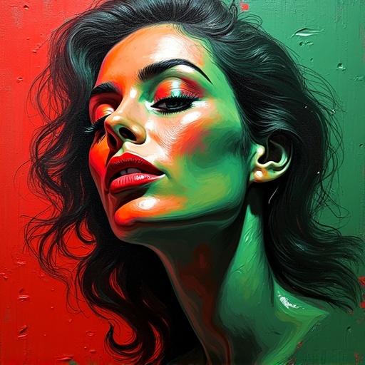 Abstract expressionist painting of a coquettish woman. Layers of red and green paint create a glass-like effect. Composition shows thick paint application and aggressive brushwork. Impasto technique is used for depth and texture.