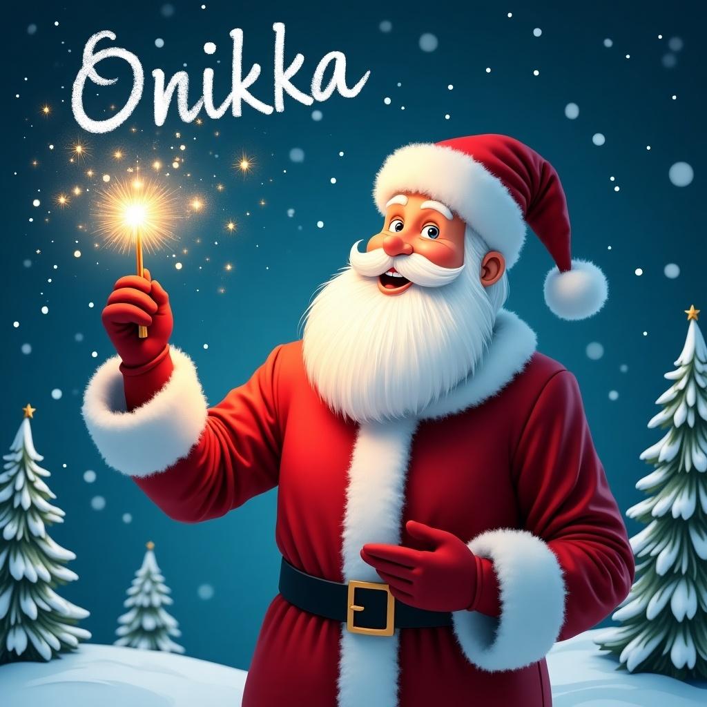 Santa holding a magical wand that creates sparkling light. Dressed in a traditional red suit with white fur trim and a hat. Expresses joy while writing the name Onikka in the sky. Snowy background with evergreen trees and a starry night.