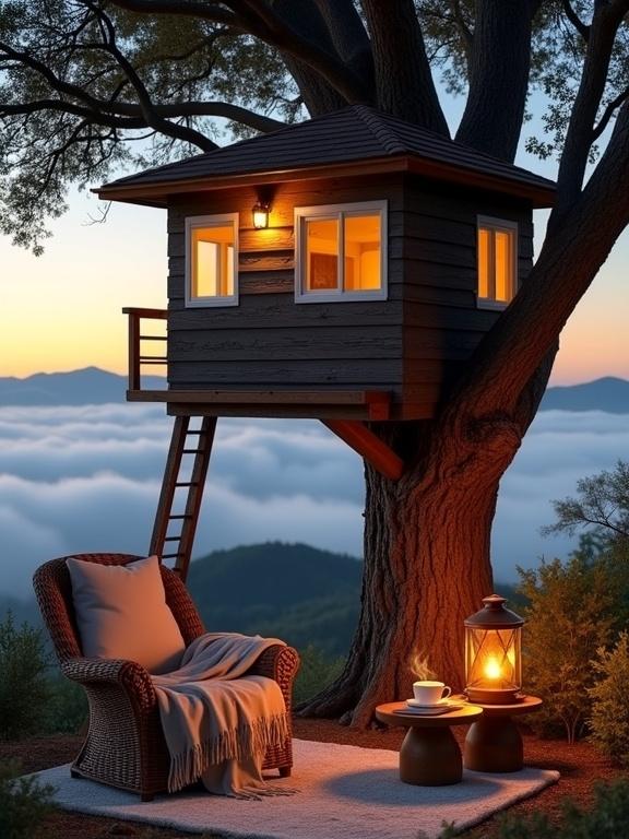 Image of a treehouse built into a large tree under sunset. Treehouse has a pitched roof and glowing windows. Cozy outdoor setup with wicker chair and side table. Lantern next to chair with candle light. Background shows clouds and mountains at dusk.