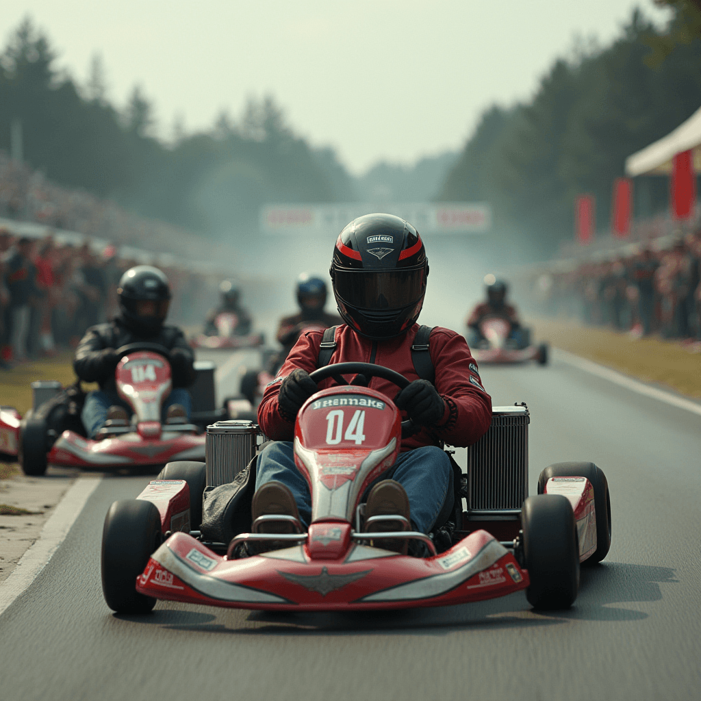 A group of go-kart racers, clad in protective gear, speed down a track surrounded by a cheering audience.