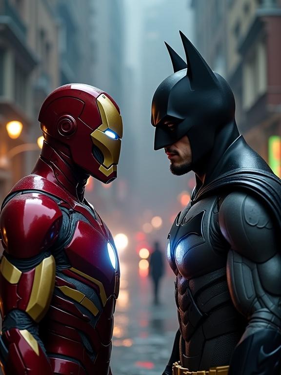 A dramatic face-off between Iron Man and Batman in an urban setting. Foggy streets create a mysterious atmosphere. Both characters stand resolute, exuding their distinct styles. Iron Man's armor glows while Batman's presence is dark and powerful.