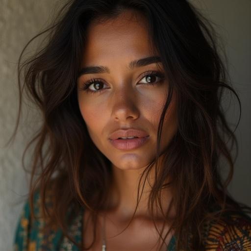 Yemeni woman posing outdoors. Hair styled in soft waves. Outfit features vibrant patterns. Natural light enhances her features. Warm and inviting background. Portrait focuses on facial features and hair.