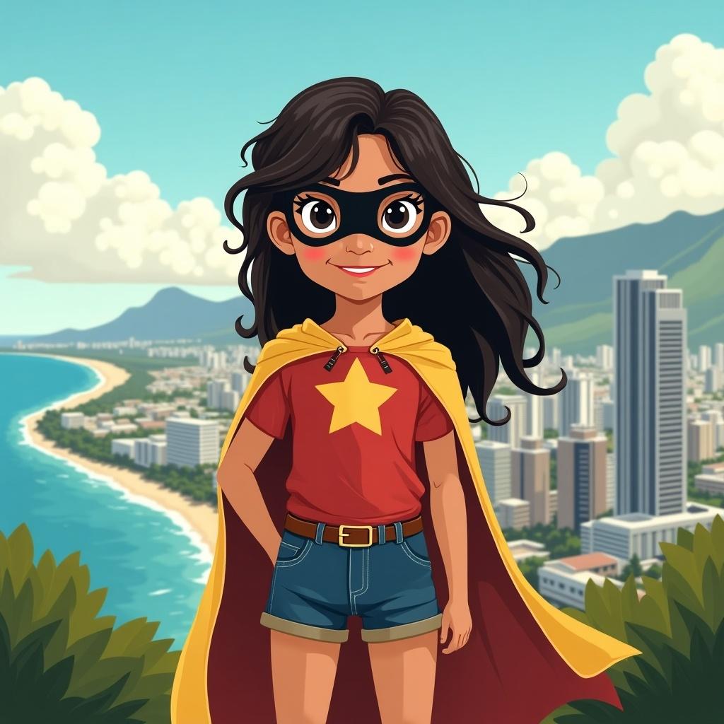 A young girl, around 6 years old, stands confidently as a superhero against the backdrop of O'ahu's beautiful landscape. Her dark brown hair flows with the wind, framing her cheerful face with black eyes sparkling with mischief. Dressed in a red t-shirt featuring a star and denim shorts, she embodies the spirit of adventure. A yellow cape flutters behind her, adding to her superhero charm. In the distance, the stunning skyline of Honolulu is visible, showcasing tall buildings and a vibrant city life. The beach and ocean create a perfect backdrop, enhancing the scene's excitement.