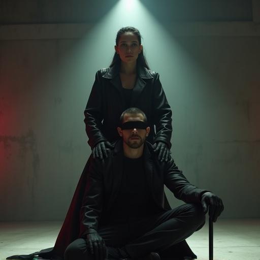 A woman in a black leather coat stands behind a blindfolded man seated on the floor. She has a calm expression, with one hand on his shoulder and the other holding a riding crop. Soft, moody lighting emphasizes her figure, while the man is partly in shadow. The backdrop has concrete walls with a single spotlight overhead and red glow from the sides. The scene is intimate and symbolic, showcasing control.