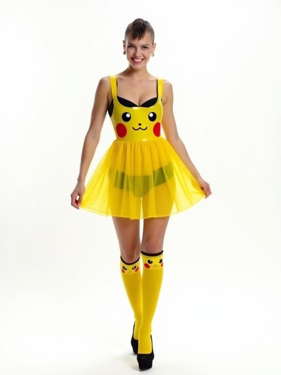 Photograph of a woman in a playful Pikachu-inspired outfit. She wears a transparent yellow dress with a round Pikachu face. The dress features black polka dots and straps that resemble Pikachu's ears. She has knee-high socks with Pikachu faces and black high-heeled shoes. Her hair is styled in a mohawk with shaved sides. The background is white with even lighting. The woman's confident and playful pose enhances the whimsical style. The image is sharp and colorful.