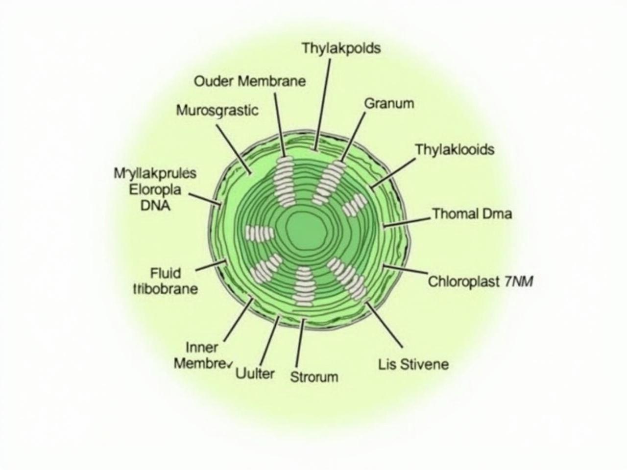 The image shows a detailed diagram of a chloroplast, which is an organelle found in plant cells. It is illustrated in a green color, indicating its function in photosynthesis. The diagram labels various parts of the chloroplast, including the outer membrane, inner membrane, stroma, granum, thylakoids, and chloroplast DNA. The thylakoids are depicted stacked in structures known as granum, and they are surrounded by a fluid-filled space called the lumen. The stroma, which is the fluid matrix, contains ribosomes and other important components. Overall, it provides a clear representation of the organelle's structure and its essential components.