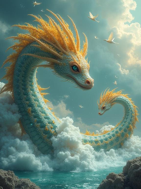 A sea hydra with coral shells and golden algae emerges from the ocean of clouds. Small flying islands have inverted waterfalls. Luminous crystal birds swim in the air. Trails of lunar dust follow them.