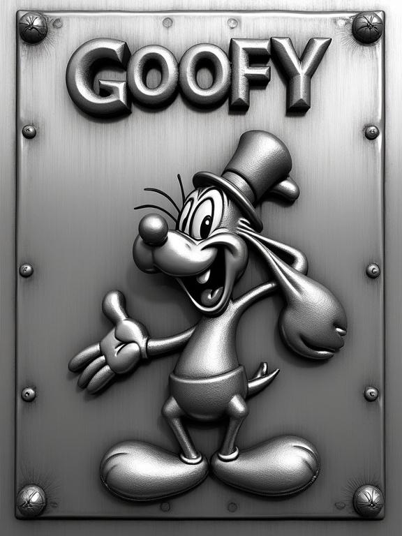 High-relief engraving on polished steel plate featuring Goofy mid-laugh with his hat tilted. His long ears flop playfully. Precise etched lines capture his joyful expression. Three-dimensional texture with brushed steel finish showcasing light and shadow. Large, bold relief lettering spells 'GOOFY' above, integrated into the design. Minimalist frame with rivets around the engraving, set on smooth brushed steel background reflecting light.