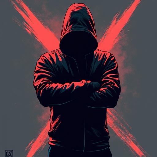 Image of crossed arms in an X shape. The figure is in a hooded outfit. The background features red highlights. The overall vibe is energetic, evoking techno dance culture.