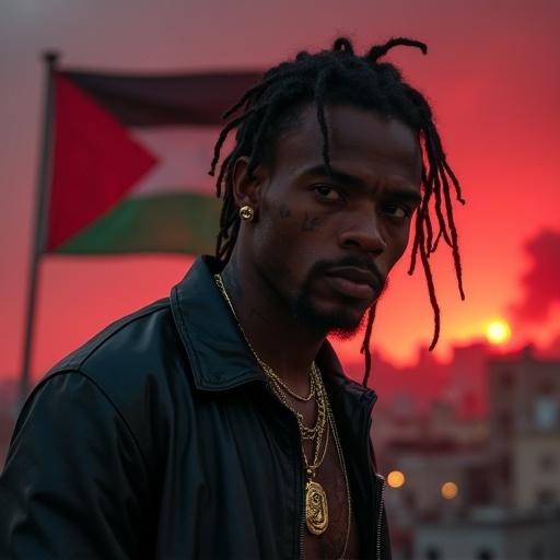 Realistic male rap artist with short dreadlocks stands on a gritty rooftop. Night scene showcases a red glowing city with smoke and fire. Tattered Palestinian flag waves in the wind. Artist wears a black leather bomber jacket and gold grills. Features face tattoos and has dark brown skin and hazel eyes. Emphasis on urban decay and hyperrealistic style.