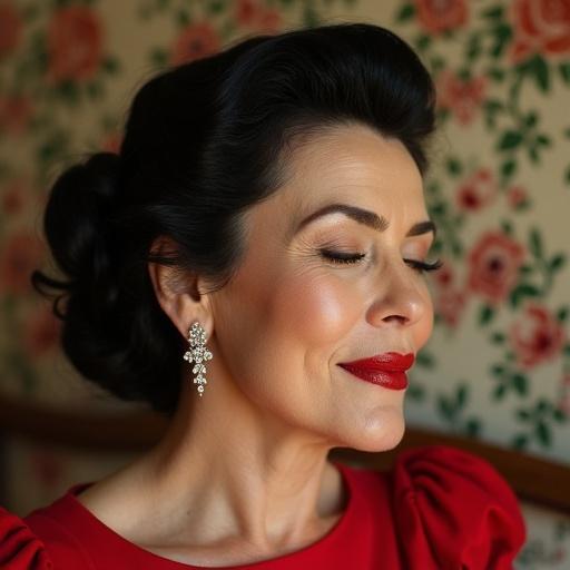 Portrait of a woman in her 50s with classic 1950s hairstyle and facial wrinkles. Woman is slightly smiling with closed mouth and closed eyes. She wears diamond earrings and has big red lips. Her look is reminiscent of classic beauty. Floral wallpaper is in the background. The view is from the side and captures her tiny nose.